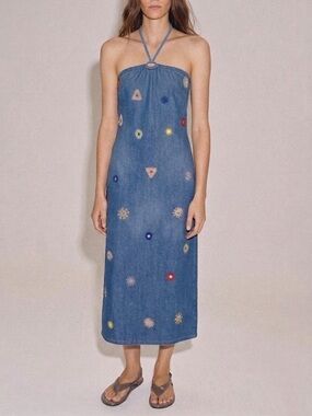 ZARA Blue Denim Embroidered Halter Midi Dress {Small}